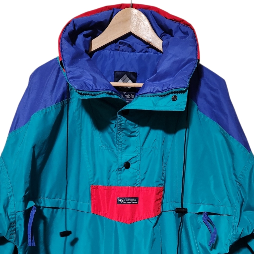 Vintage 90's Columbia Teal Anorak Retro Hideaway Hood Radial Sleeve Large - Picture 2 of 13